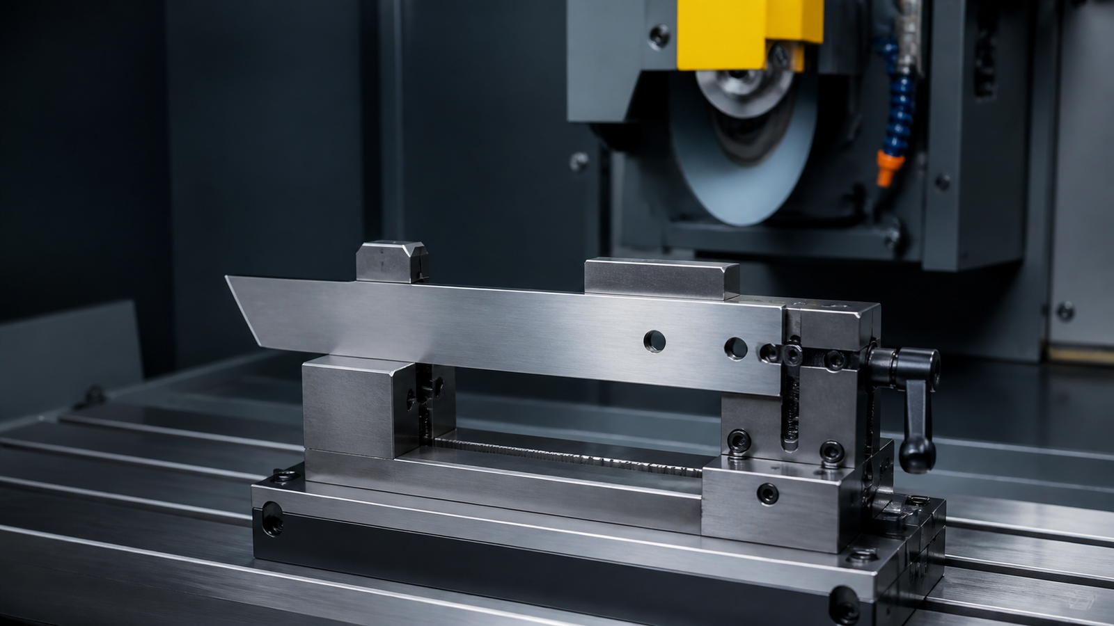 Industrial blade secured in a machining and grinding fixture