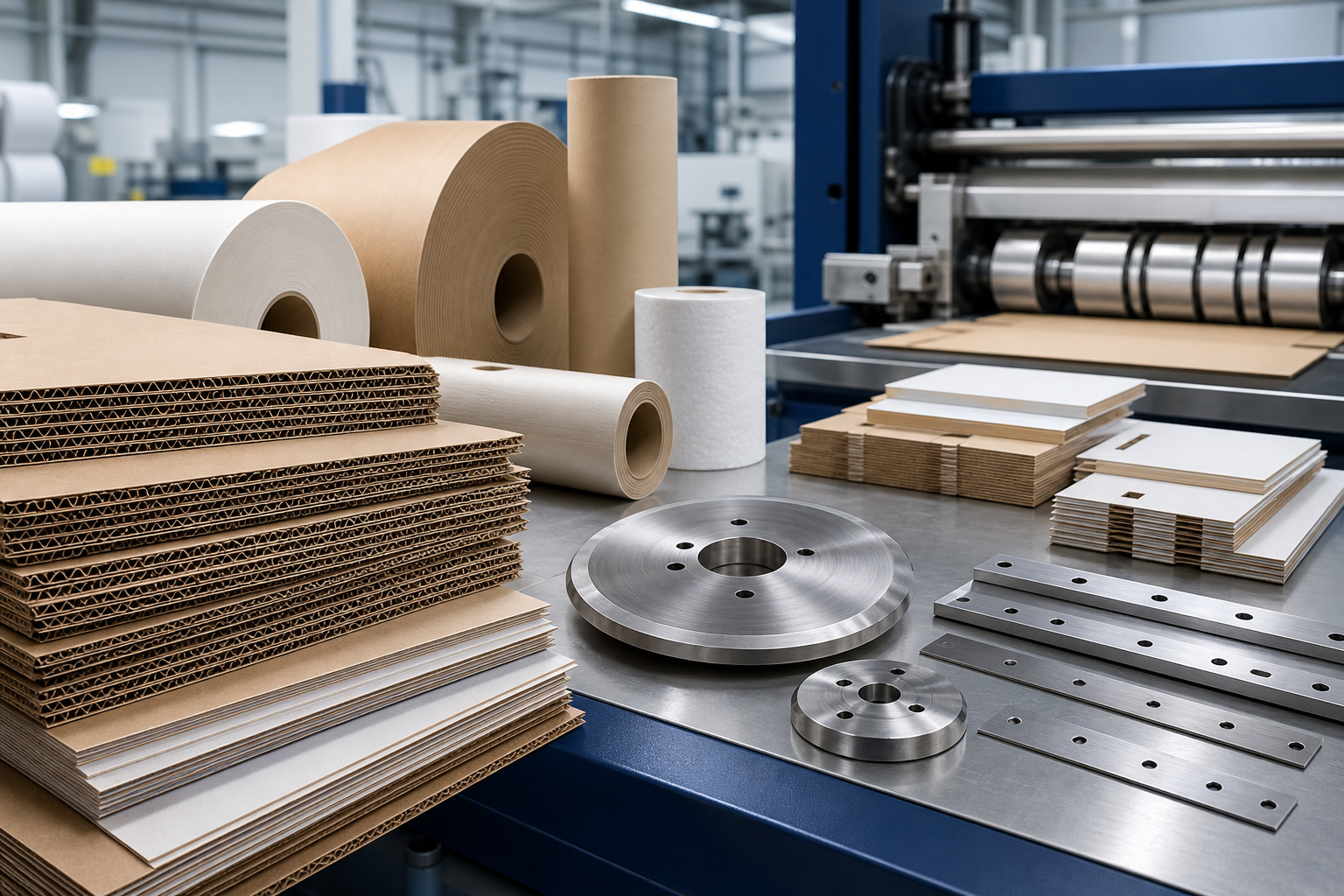 Packaging and corrugated board converting line with industrial cutting knives
