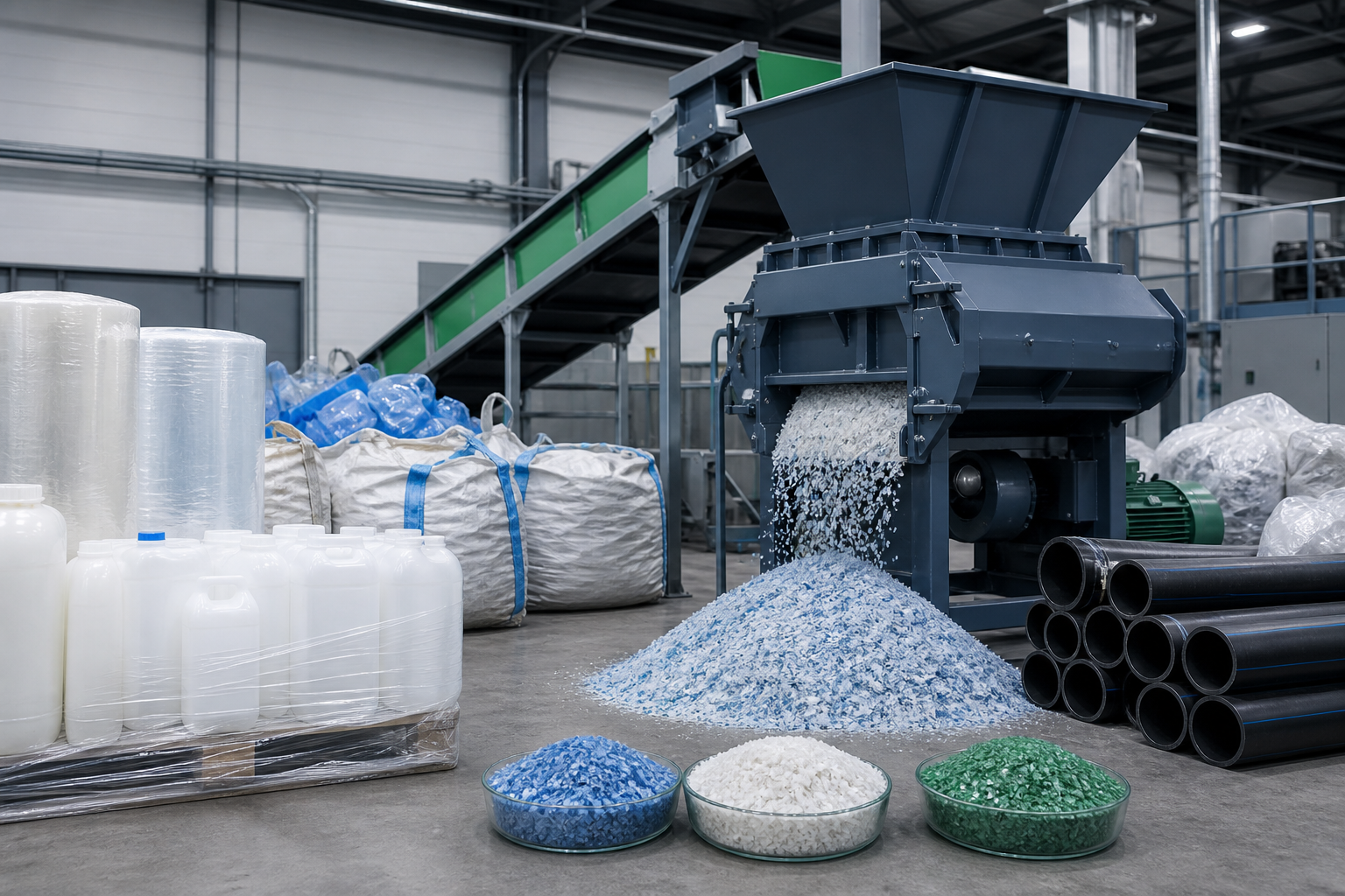 Plastic recycling and film processing line with shredded plastic output