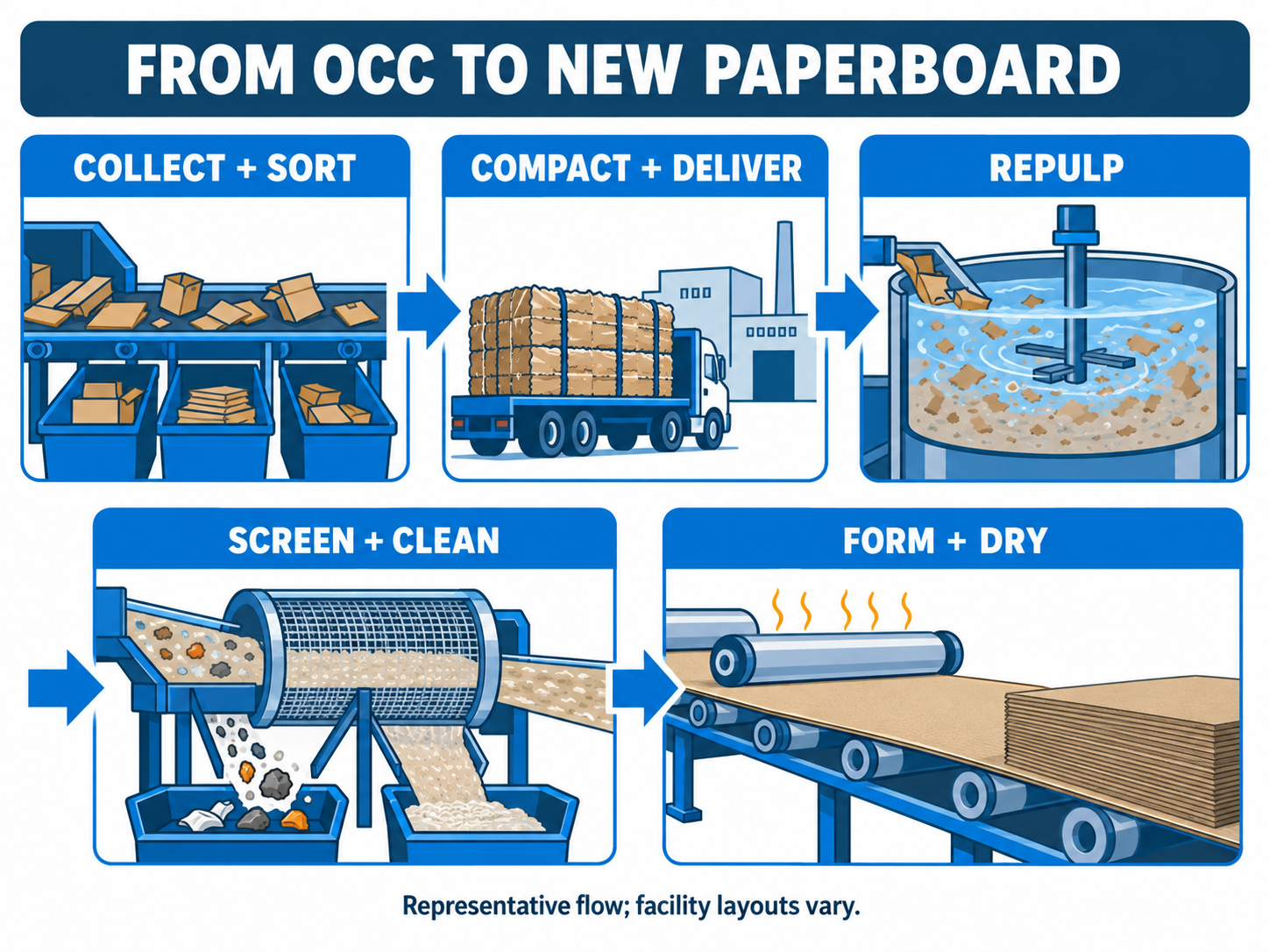 Five-stage cardboard recycling flow from collection and sorting to paperboard forming and drying