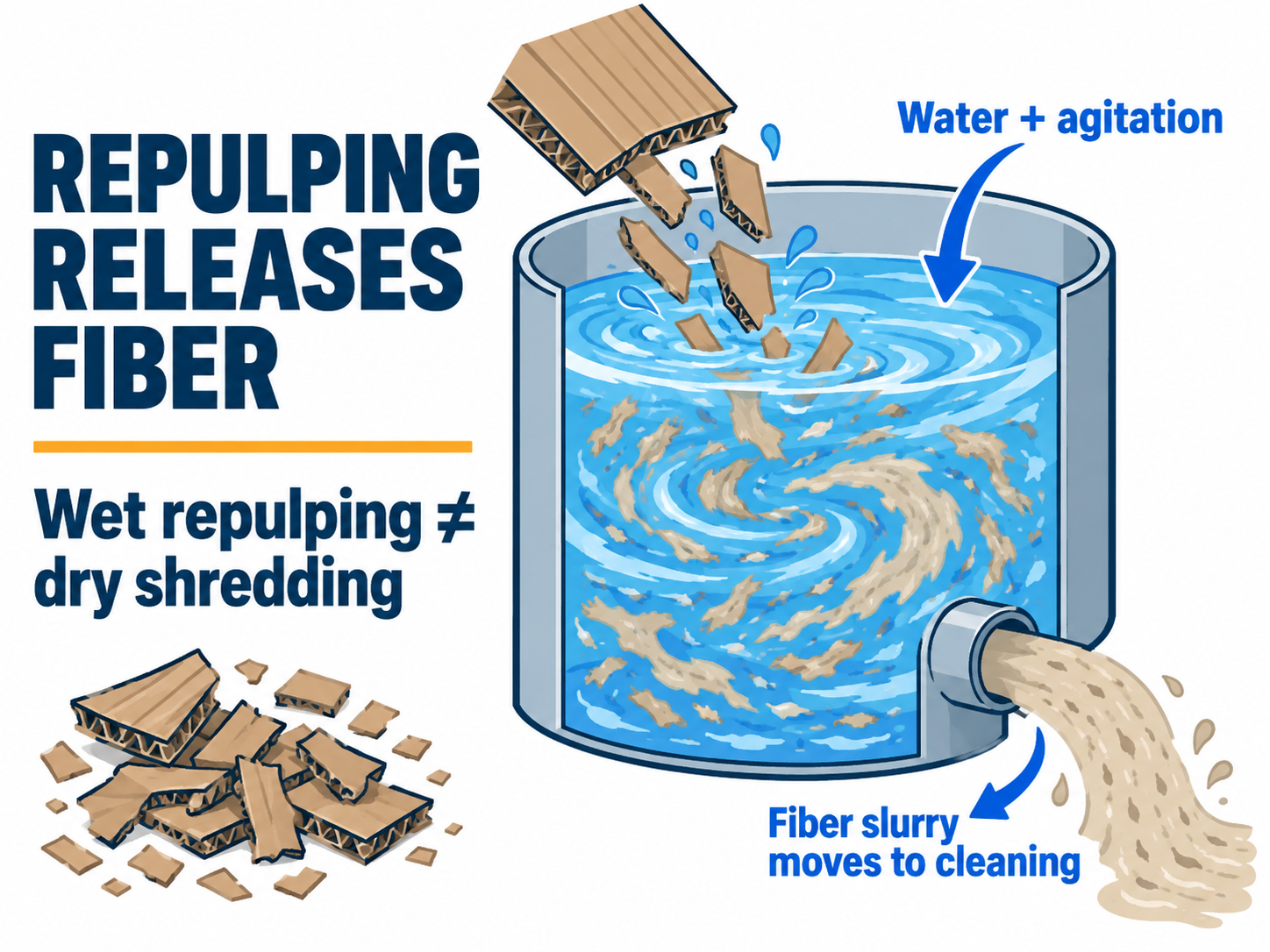 Illustration showing water agitation turning corrugated cardboard into a fiber slurry
