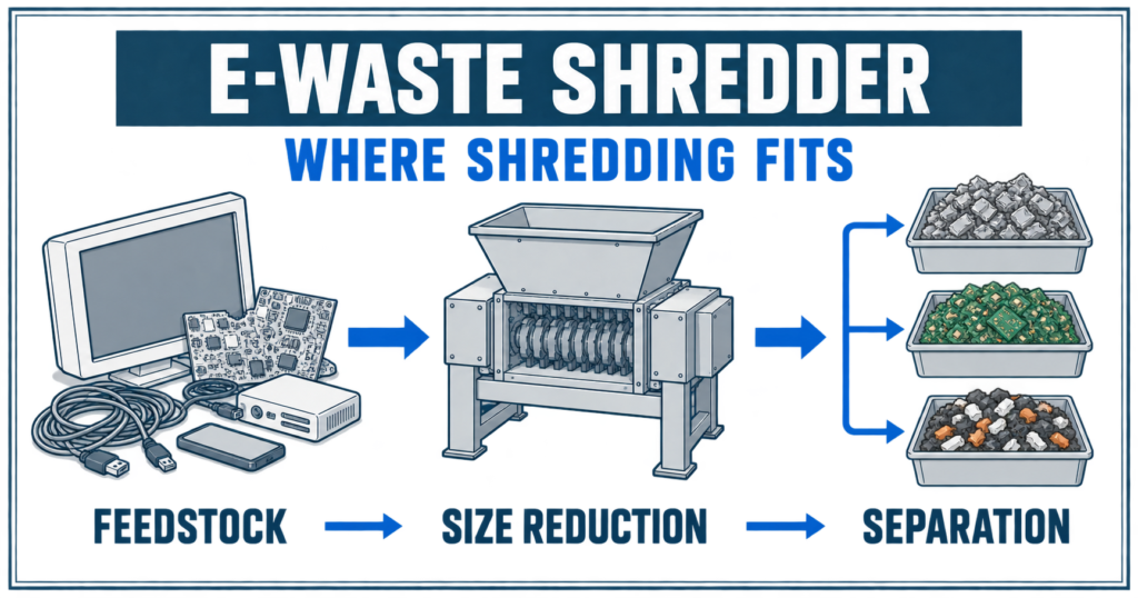 Blue and white editorial infographic showing where an e-waste shredder fits between mixed electronics feedstock and later separation