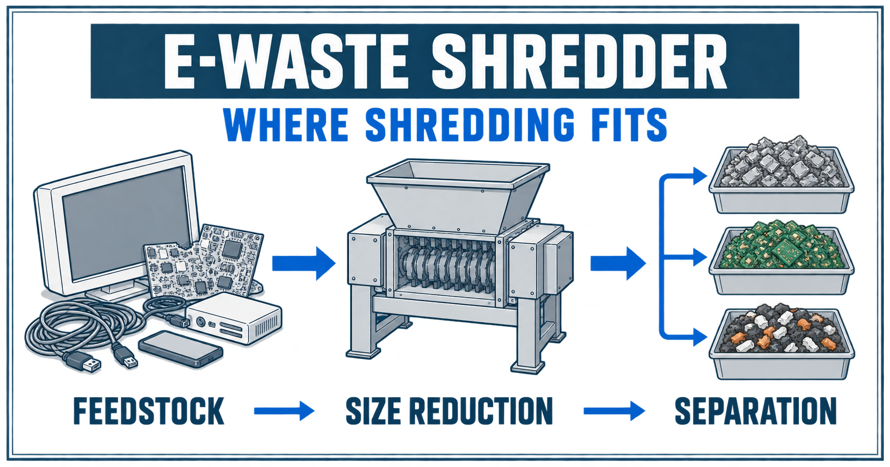 Blue and white editorial infographic showing where an e-waste shredder fits between mixed electronics feedstock and later separation