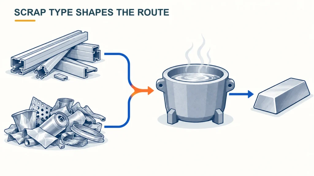 How aluminum is recycled: scrap forms move through conditional preparation toward secondary metal casting