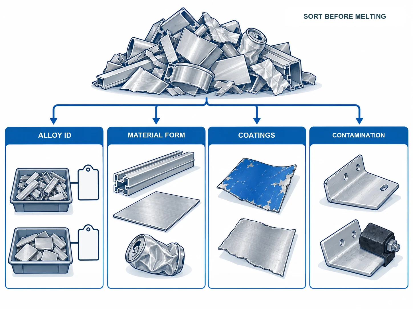 Aluminum scrap sorting considers alloy identity, material form, coatings, and attached contamination before melting