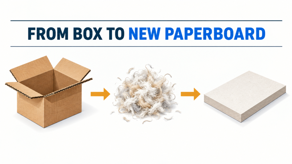 Diagram showing a corrugated box becoming recovered fibers and new paperboard