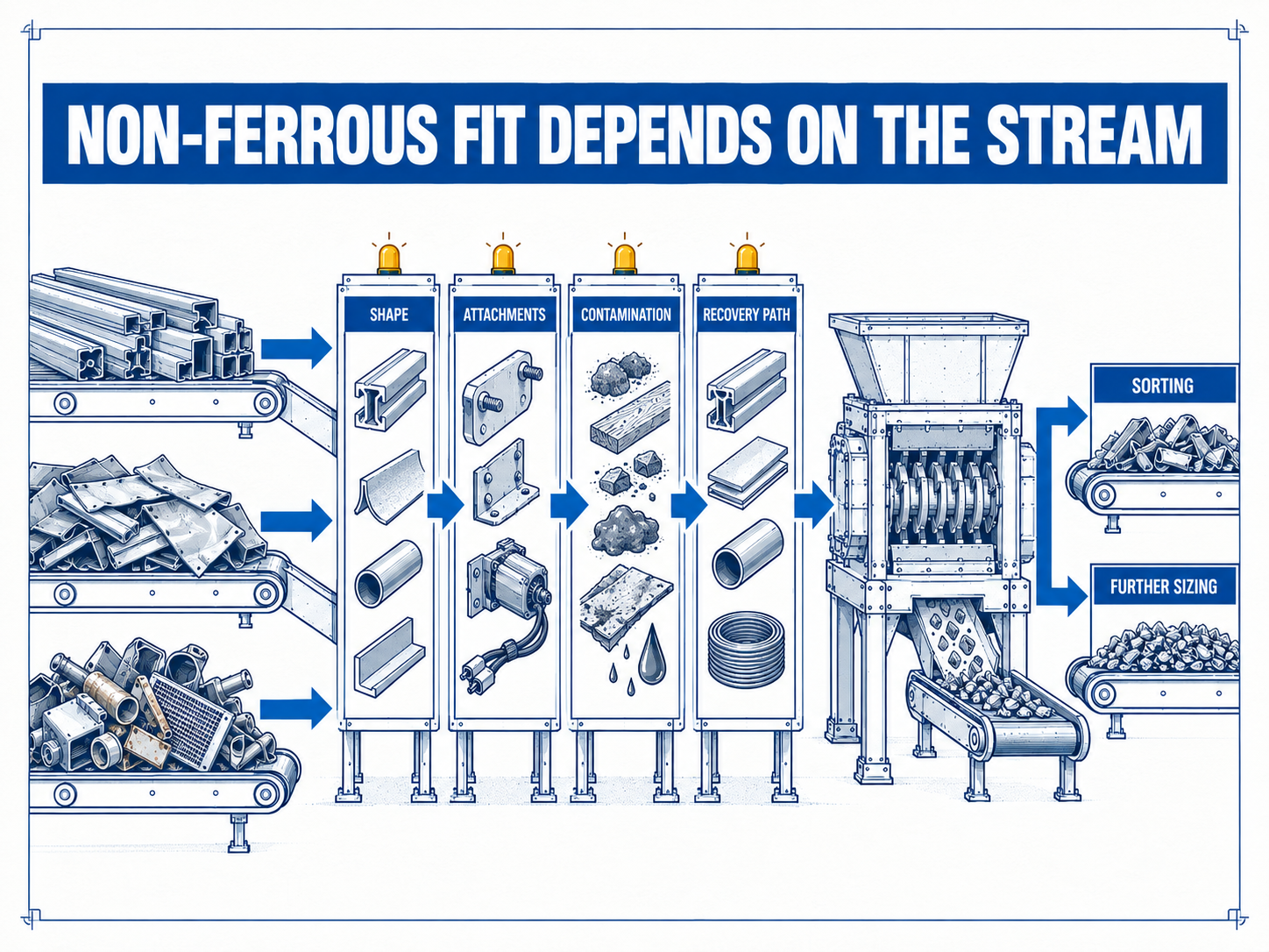 Aluminum and non-ferrous scrap path from shape and attachment checks to separation