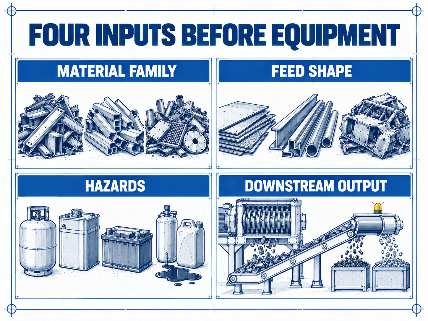 Material-to-process map for checking metal family, feed geometry, hazards and downstream output