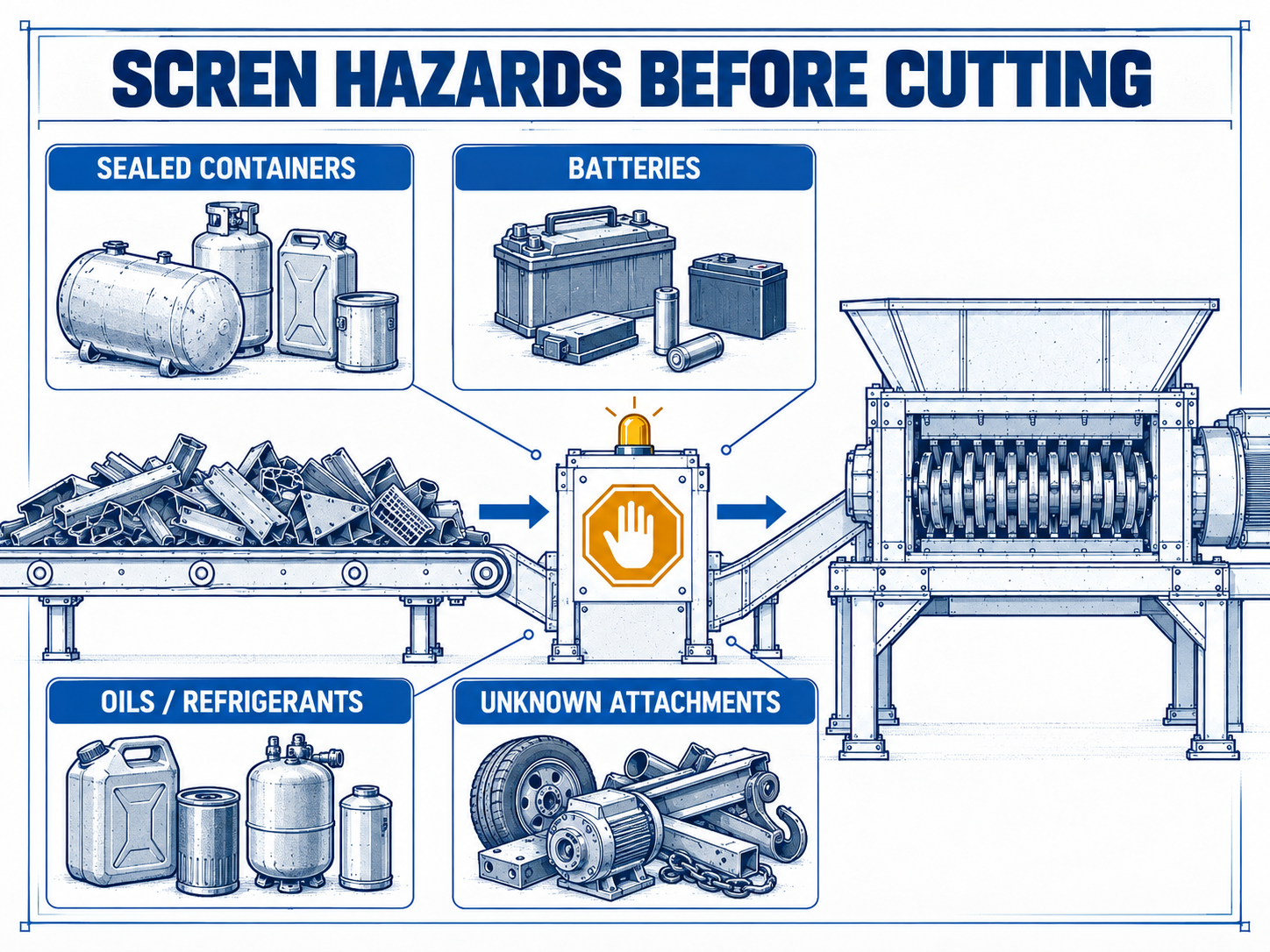 Pre-screening checklist for sealed containers batteries oils refrigerants and unknown scrap attachments