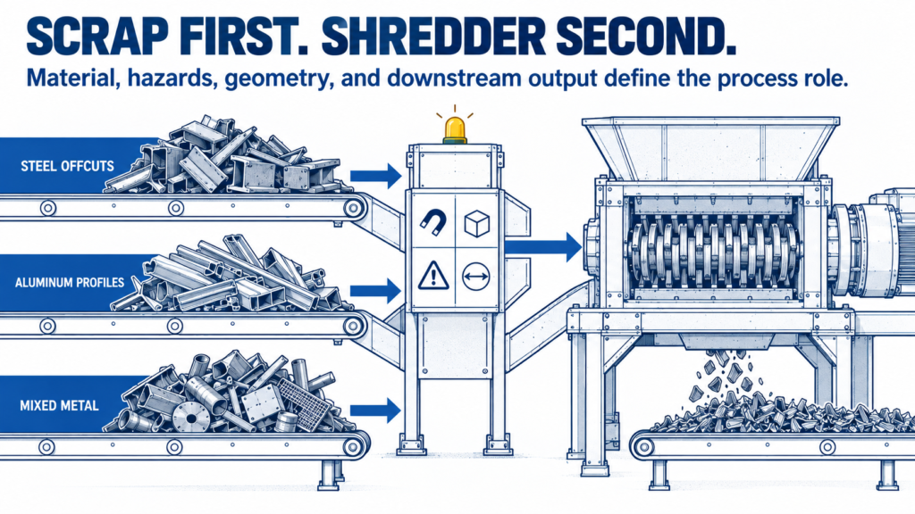 Blue-and-white editorial infographic showing scrap streams entering a metal shredder decision path