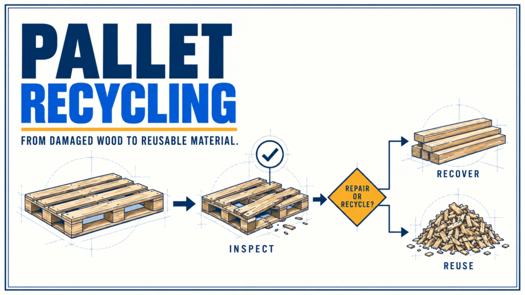 Blue and white technical infographic showing pallet recycling from damaged wood through inspection and recovery to reusable material.