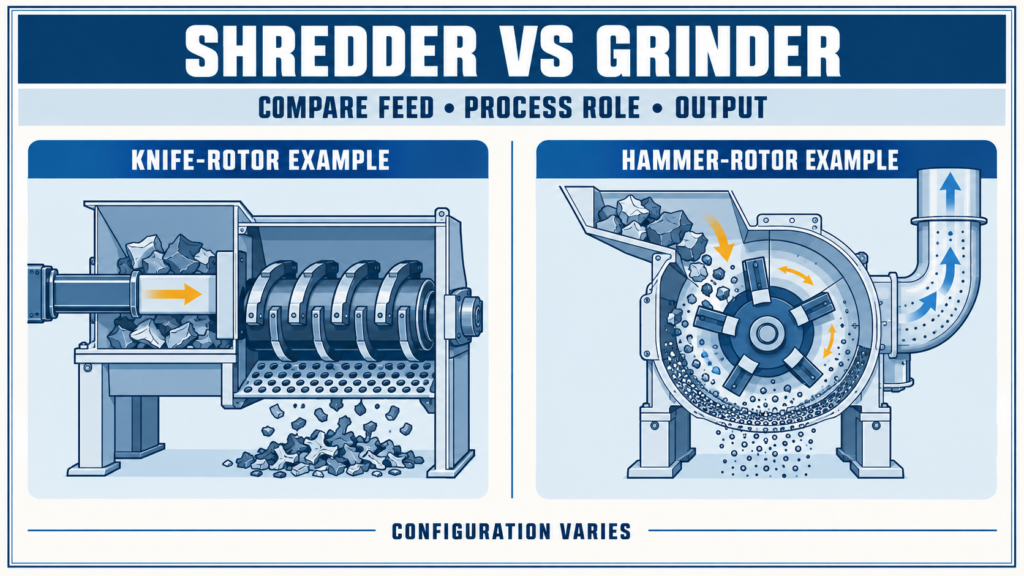 Blue-and-white infographic comparing example knife-rotor shredder and hammer-rotor fine-reduction configurations