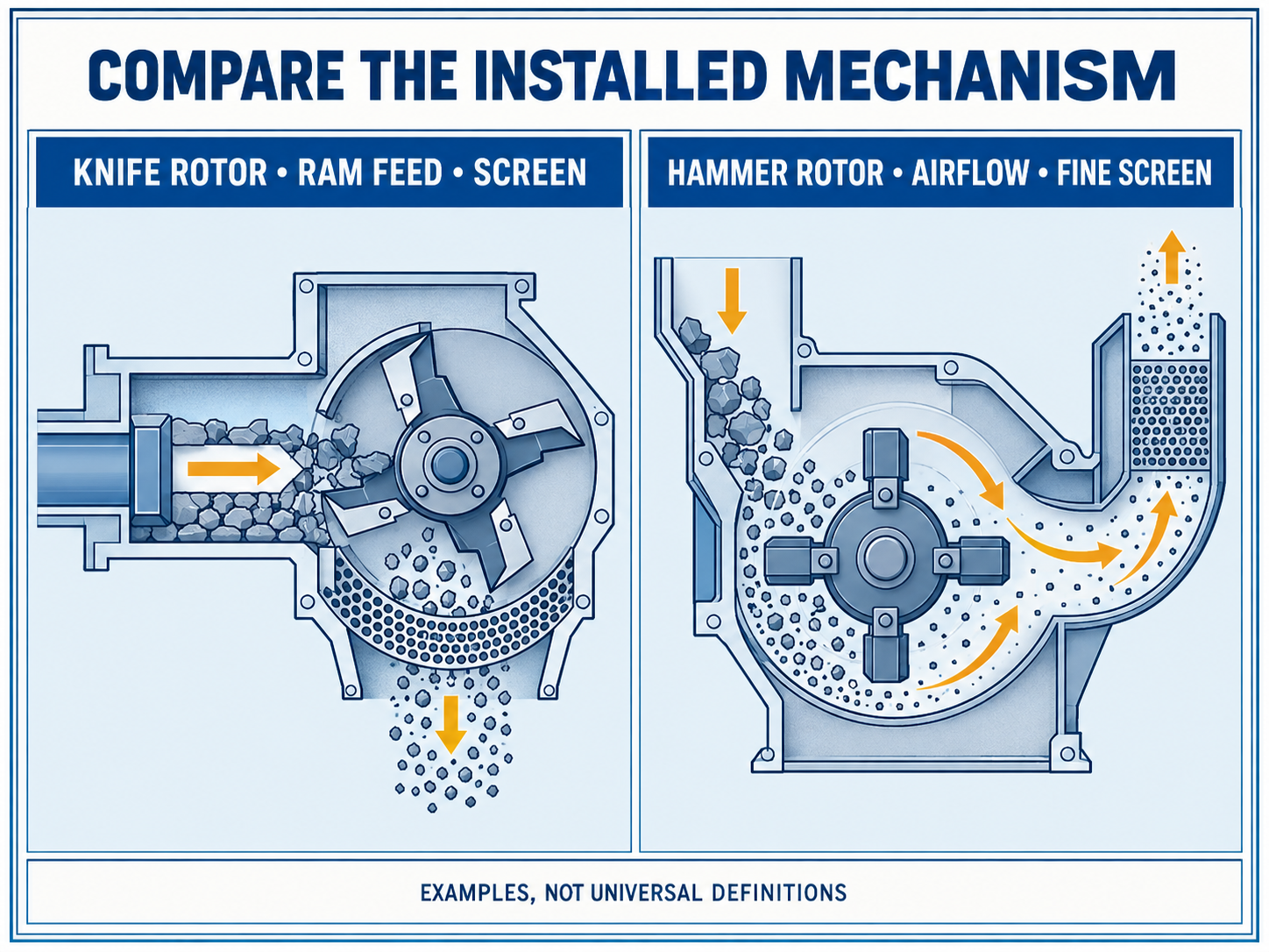 Diagram comparing a ram-fed knife rotor and screen with a hammer rotor, airflow path and fine screen