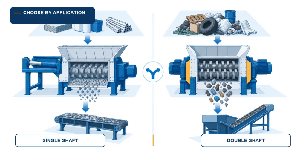 Blue-and-white technical infographic comparing a single shaft shredder and a double shaft shredder by feedstock, process role, and downstream output.