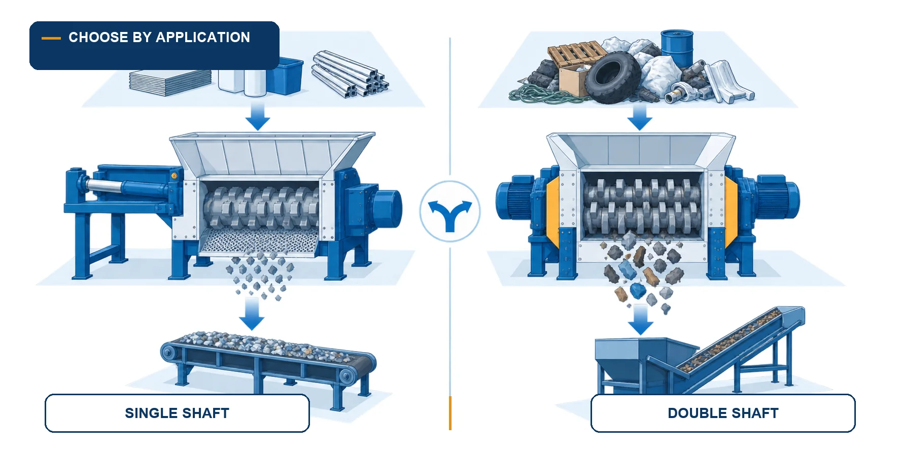 Blue-and-white technical infographic comparing a single shaft shredder and a double shaft shredder by feedstock, process role, and downstream output.
