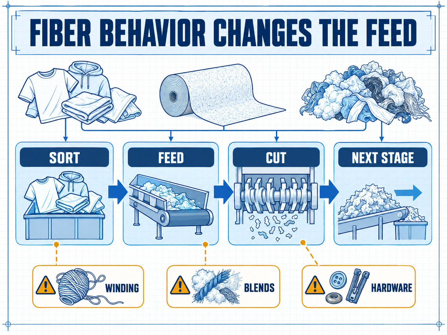 Technical process map showing how soft-fiber behavior affects sorting, feeding, cutting, and the next stage.