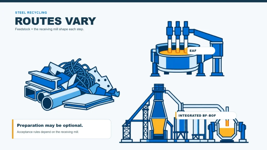 Steel recycling process infographic contrasts incoming scrap with separate electric arc furnace and integrated BF-BOF routes.
