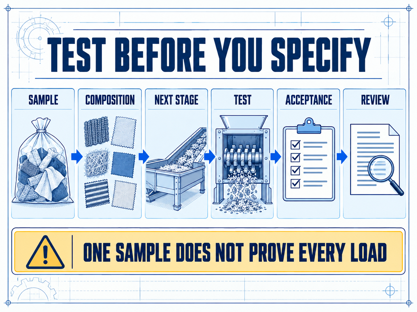 Technical workflow infographic showing textile sample, composition, next-stage, test, acceptance, and review checks.