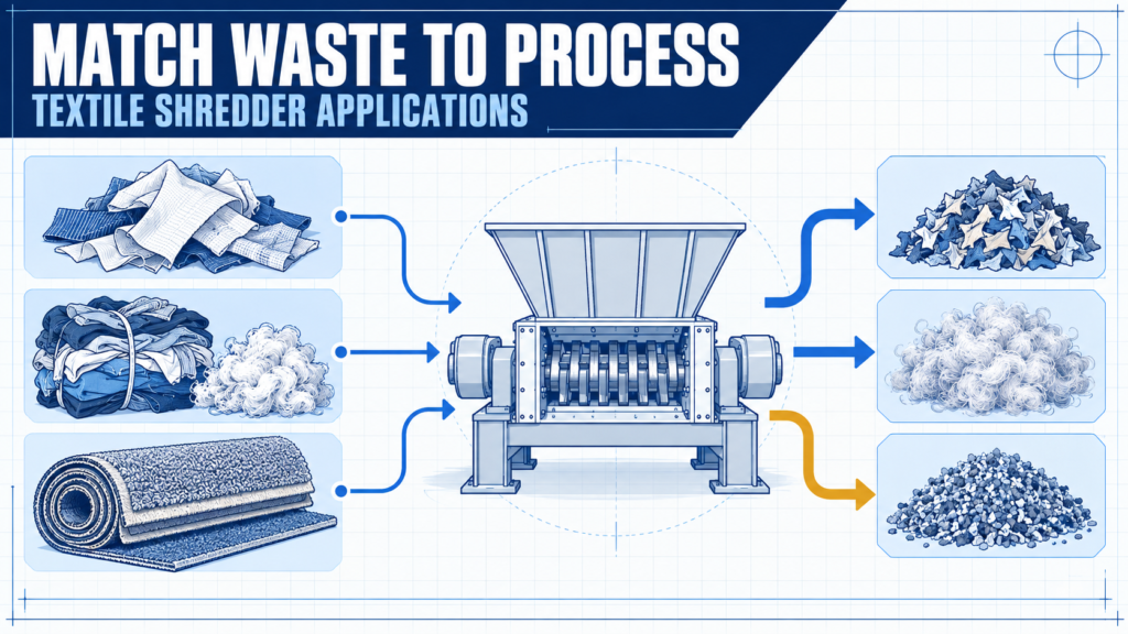 Technical infographic showing textile waste matched to different downstream processing stages.