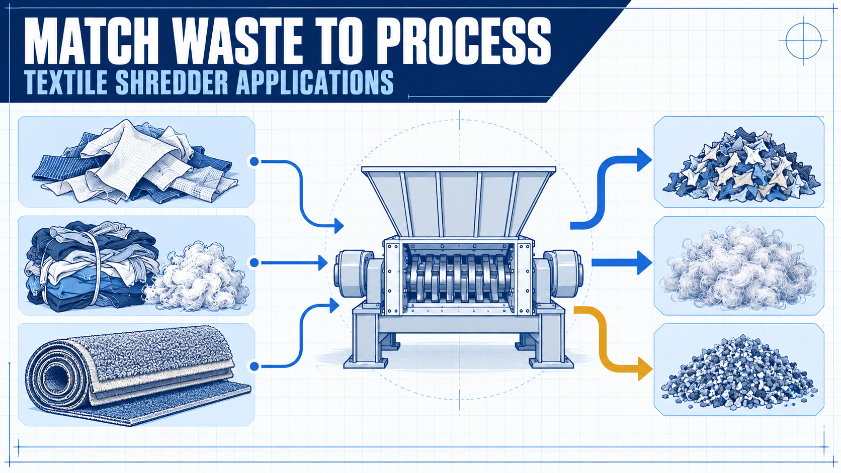 Technical infographic showing textile waste matched to different downstream processing stages.