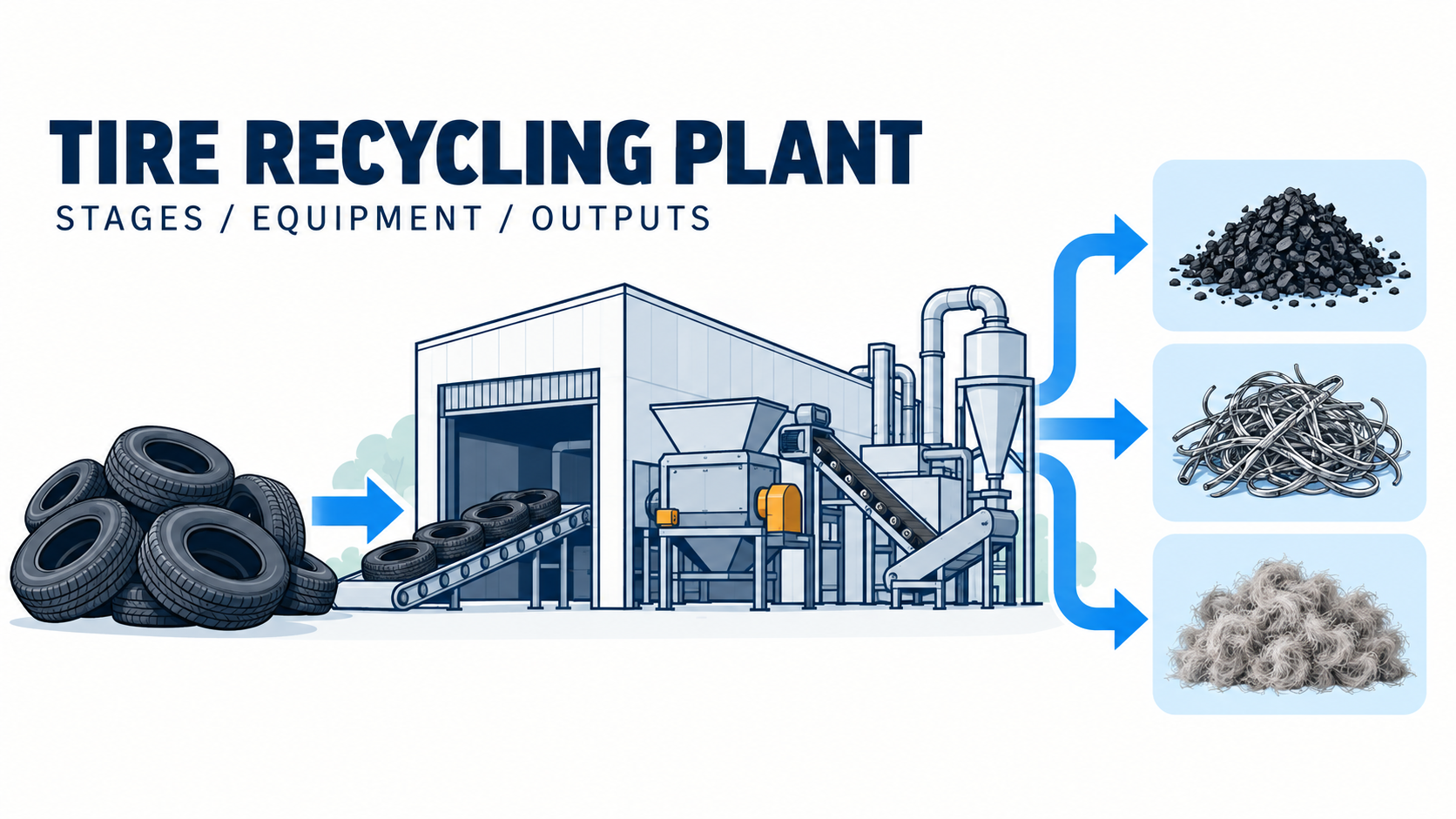 Blue-and-white editorial illustration showing a tire recycling plant moving whole end-of-life tires toward rubber, steel, and textile outputs.