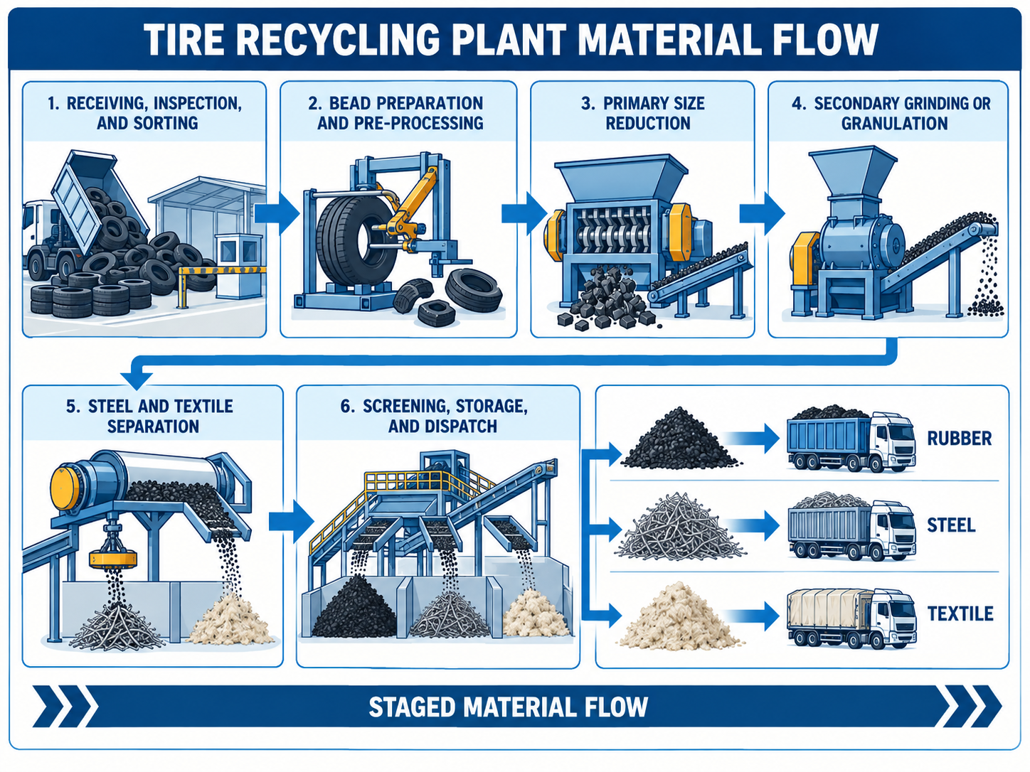 Six-stage blue-and-white tire recycling plant flow from receiving and sorting through size reduction, separation, screening, storage, and dispatch.