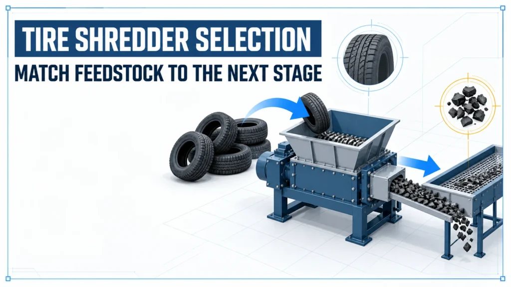 Tire shredder selection infographic showing whole scrap tires entering primary size reduction and moving toward the next stage