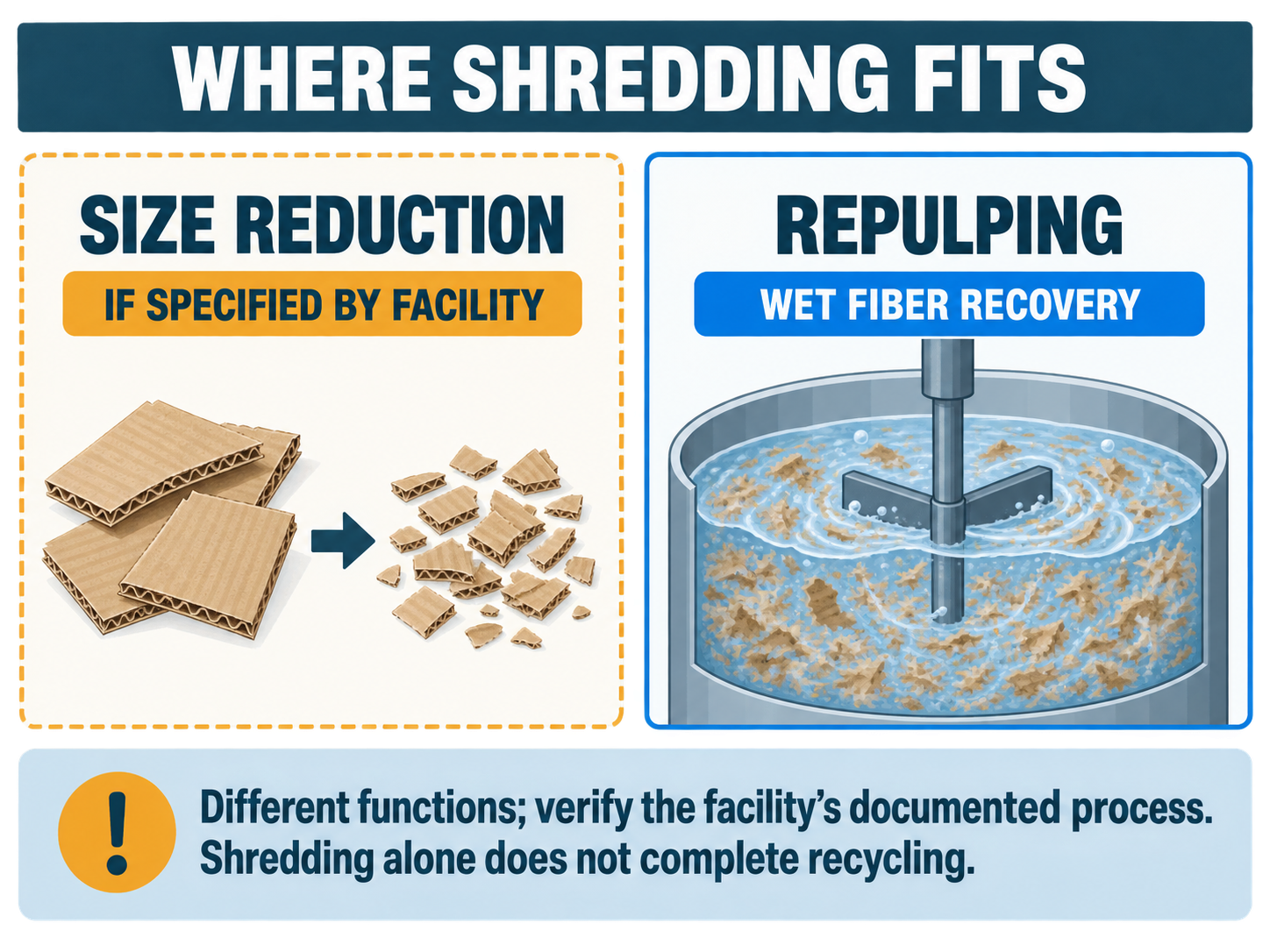 Comparison showing conditional dry size reduction and wet cardboard repulping as different functions